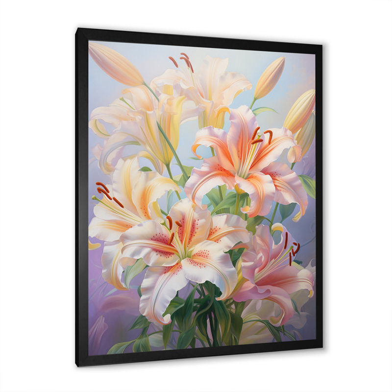 Impression romantique rose et lis rose et jaune, Cadre photo noir, H 32 po x l 16 po x P 1 po