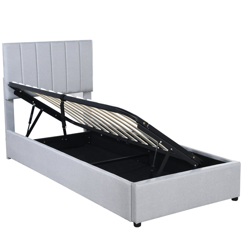 Stylish Twin Size Bed With Hydraulic Lift Function, Gray Platform Mechanism And Elegance