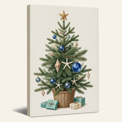 Beach Christmas Tree with Blue Baubles and Starfish Canvas Wall Art