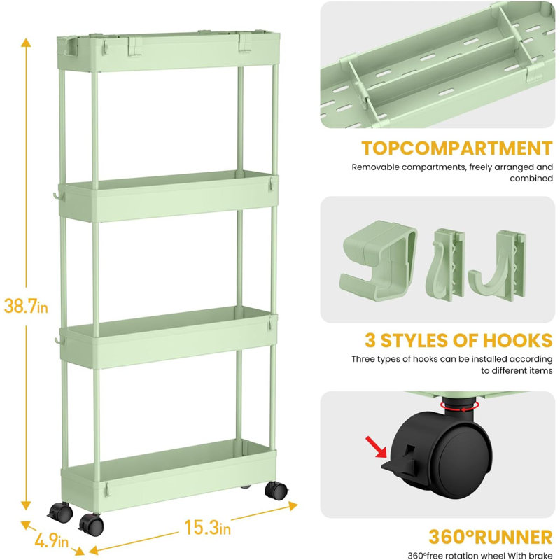 Chariot de rangement mince et roulant, unité de rangement mobile à 4 niveaux, H 38,7 po x l 15,3 po x P 4,9 po, Vert