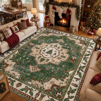 Tapis de Noël 2,44 x 3,05 m, lavable, antidérapant, doux et à poils courts, idéal pour le salon, la chambre à coucher, la cuisine, le corridor et l'entrée.