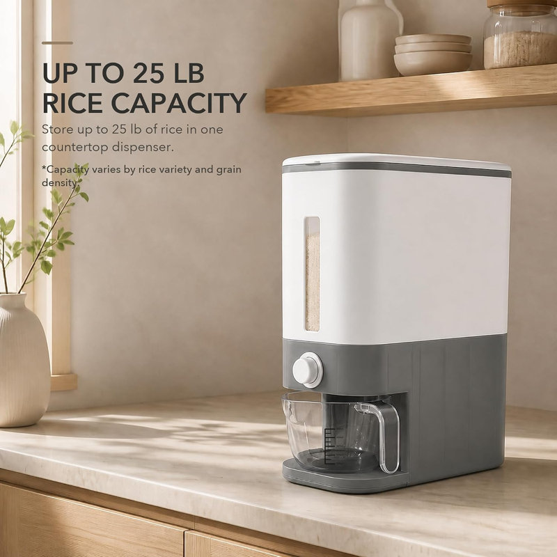 Distributeur de riz, récipient à riz de 11,3 kg avec tasse à mesurer, récipient de stockage de grains hermétique avec distribution facile, fenêtre transparente graduée et idéal pour le garde-manger.