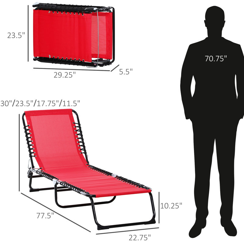Yard Patio Relax Chair. 4 Adjustable , Breathable Mesh. With Pillow, Bungee Seat. Red Folding Chaise Lounge Pool Chair, Sun Tanning Chair For Beach, Yard, Patio. Reclining Back, Mesh &