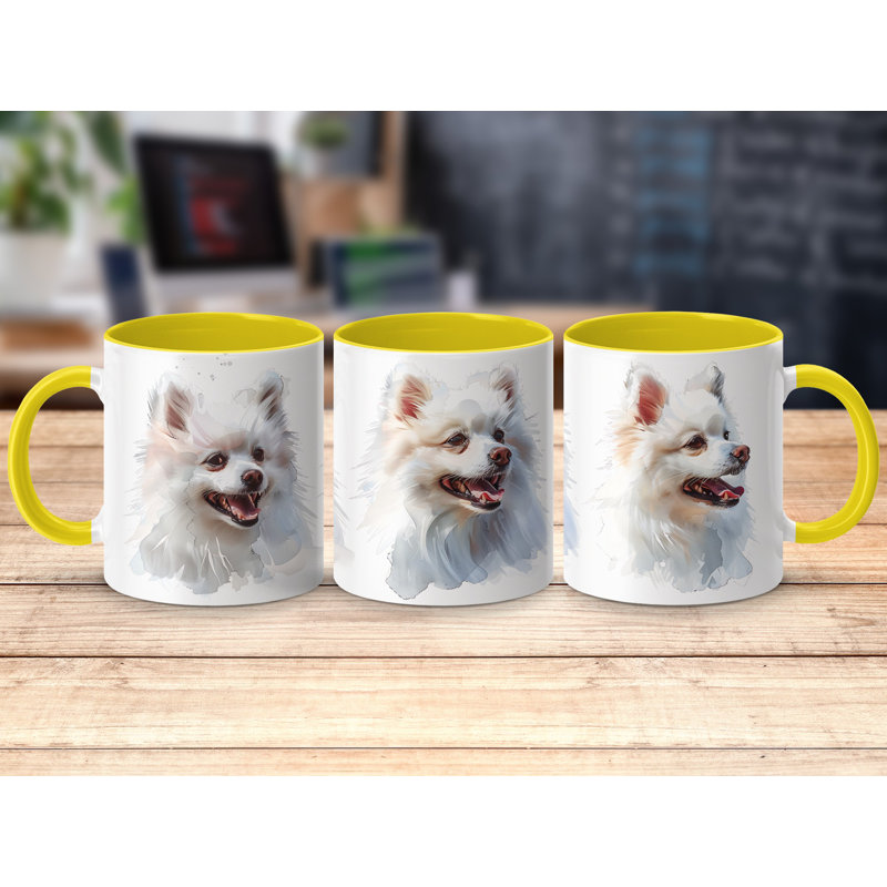 11oz Watercolour White Pomeranian Design Coffee Mug, 2, Yellow