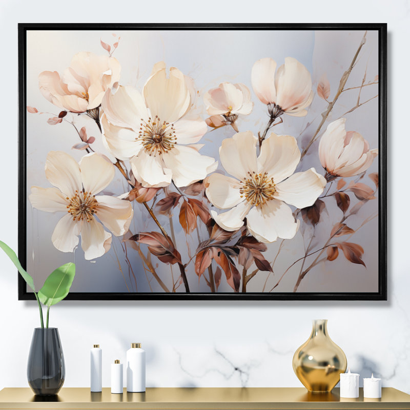 Beige Minimalist Blossoms II, reproduction d'art sur toile, H 24 po x l 32 po x P 1 po, Cadre flottant noir