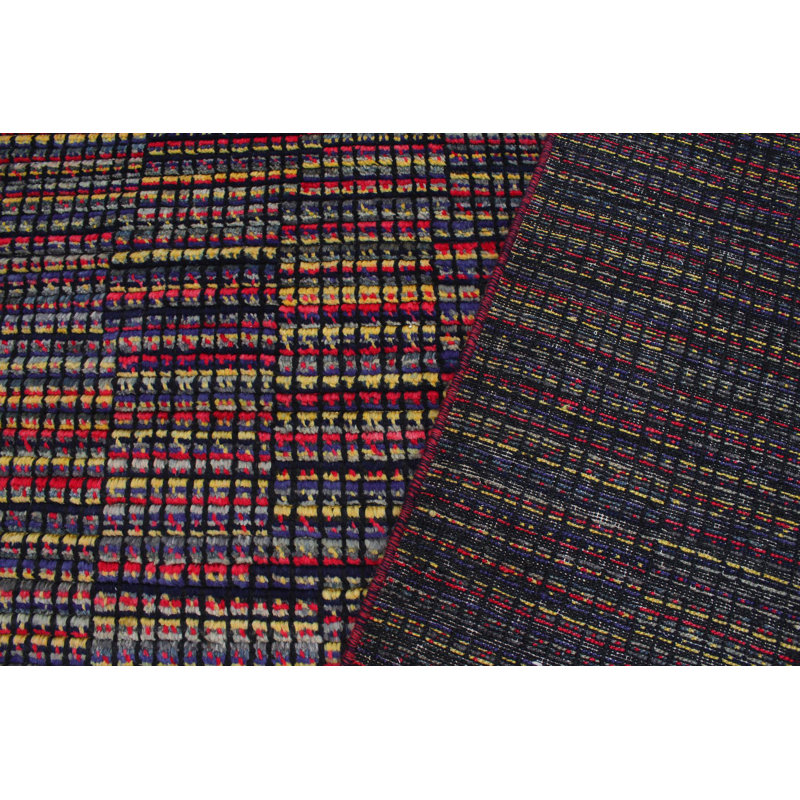 Tapis géométrique noir en laine noué à la main 5 pi 10 po x 9 pi 1 po Parms
