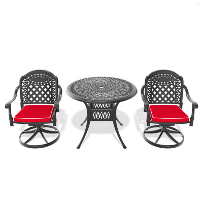 Ensemble de salle à manger 3 pièces en aluminium coulé toutes saisons comprenant 2 chaises pivotantes et une table ronde de 35,43 po avec structure noire