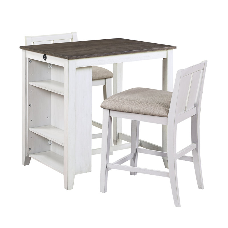 Ensemble de 3 tables à hauteur de comptoir de style transitionnel avec finition blanche et grise avec tablettes USB et 2 chaises à hauteur de comptoir rembourrées en tissu