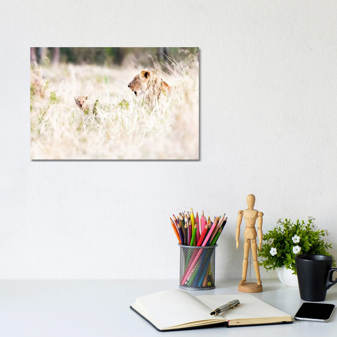 Lioness With Baby Cub In Grasslands von Susan Richey - Gallery-Wrapped Canvas Giclée on Canvas