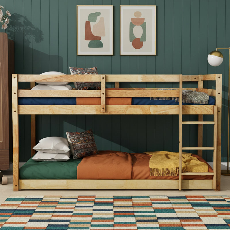  Lit superposé bas simple au-dessus de simple de 77 po de largeur - Base de lit en bois d'hévéa massif pour enfants - Barrières de sécurité et échelle intégrée - Aucun sommier requis