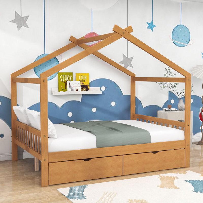 Lit plateforme en forme de maison avec deux tiroirs et une tête de lit Millersburg, Naturel