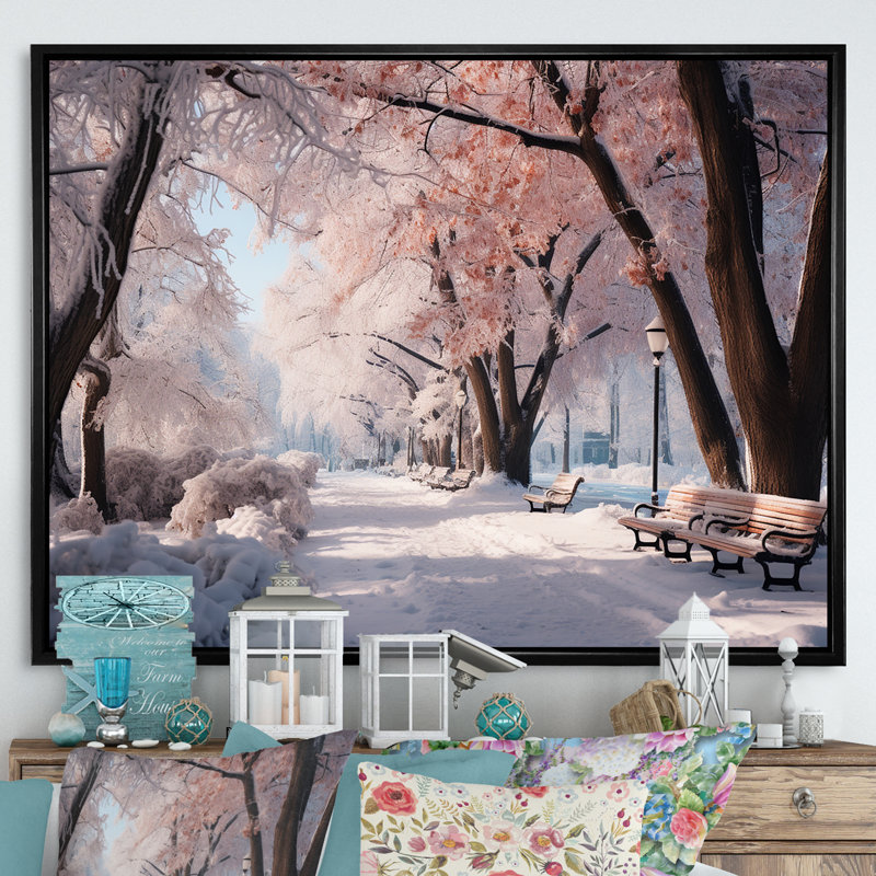 «Pink Snowy Park Floral Canopy», art mural sur toile, H 30 po x l 40 po x P 1,5 po, Cadre flottant noir