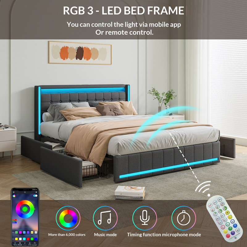 Upholstered Double Bed Frame With 4 Storage Drawers And Headboard, Platform Bed With LED And Charging Station, No Mattress, (Linen)