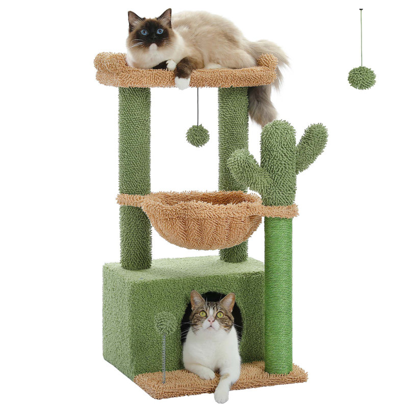 Green and Beige Multi-Level Cat Tower with Hammock and Condo
