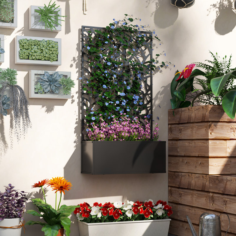 Metal Raised Garden Bed with Trellis for Climbing Plants, Freestanding or Wall Mounted Flower Bed with Privacy Panel, Outdoor Planter Box for Garden, Patio, Balcony