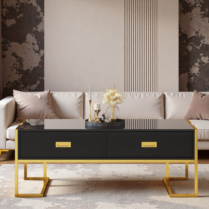 Table basse moderne moderne avec 4 tiroirs et base dorée, Noir