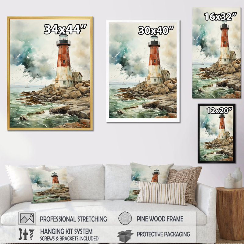 Phare rétro de Breckler - art mural V, H 32 po x l 16 po x P 1 po, Toile tendue