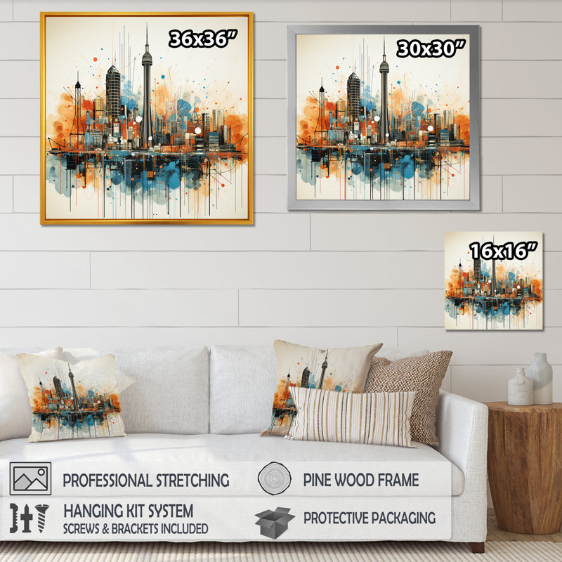 Paysage urbain d'Atlanta, coucher de soleil III - Art mural d'Atlanta, Cadre flottant doré, H 16 po x l 16 po x P 1 po