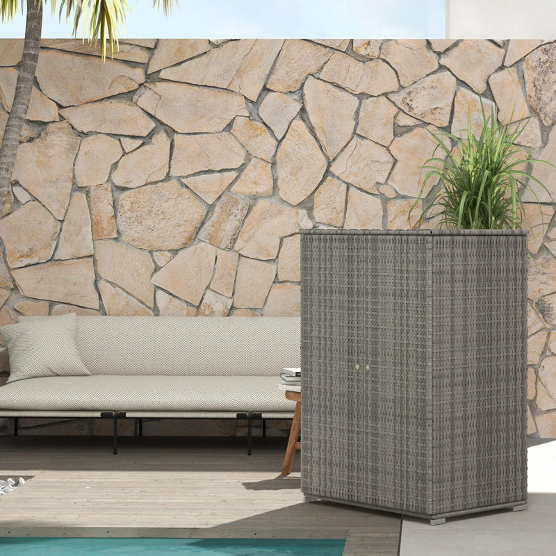 Porte-serviettes d'extérieur en osier de rotin, armoire de rangement pour jouets de piscine avec 2 portes et tiroir, organisateur d'accessoires de spa autoportant pour spa, terrasse, gris foncé