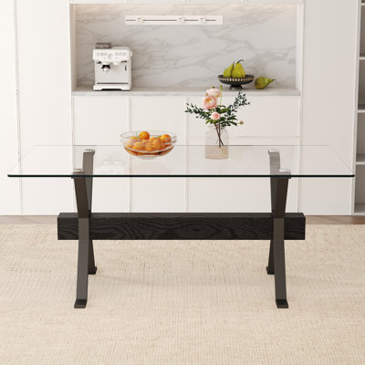 71''×35.4'' Dining Table Set: Transparent Tempered Glass Top, X - Shaped Black Metal Legs, MDF Crossbars – Designing Elegant Dual - Use Spaces For Home & Office