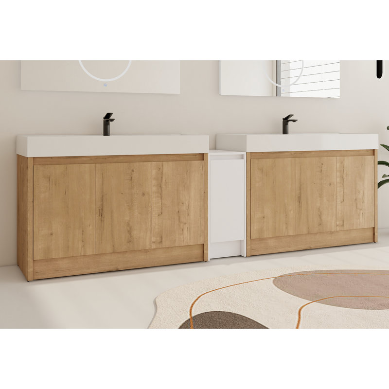 Meuble-lavabo double 108 po avec 7 portes et lavabo en résine Chesham et armoire de rangement autoportante blanche Chesham