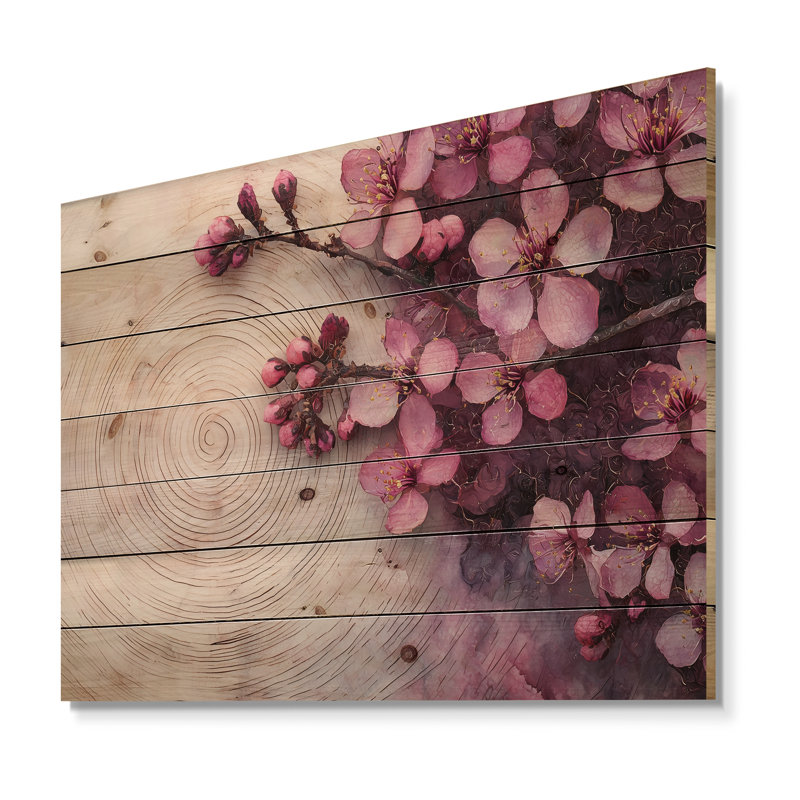 Arbre et cristal mauve cerisier mauve III - Art mural en bois de cerisier en fleurs - sur bois de pin naturel