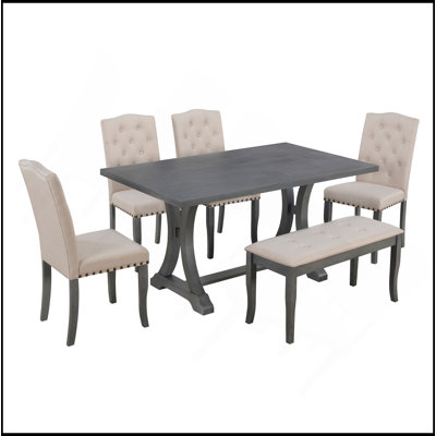 Ensemble de table de salle à manger 6 pièces, table à tréteaux rectangulaire, 4 chaises rembourrées et banc pour la salle à manger