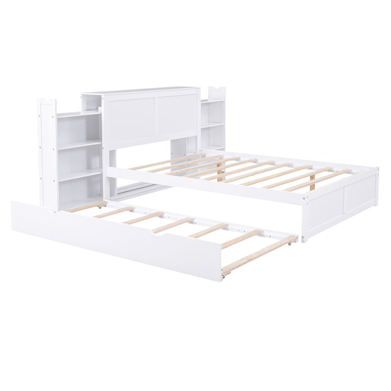Lit plateforme double avec rangement et tablettes gigognes, blanc, Full
