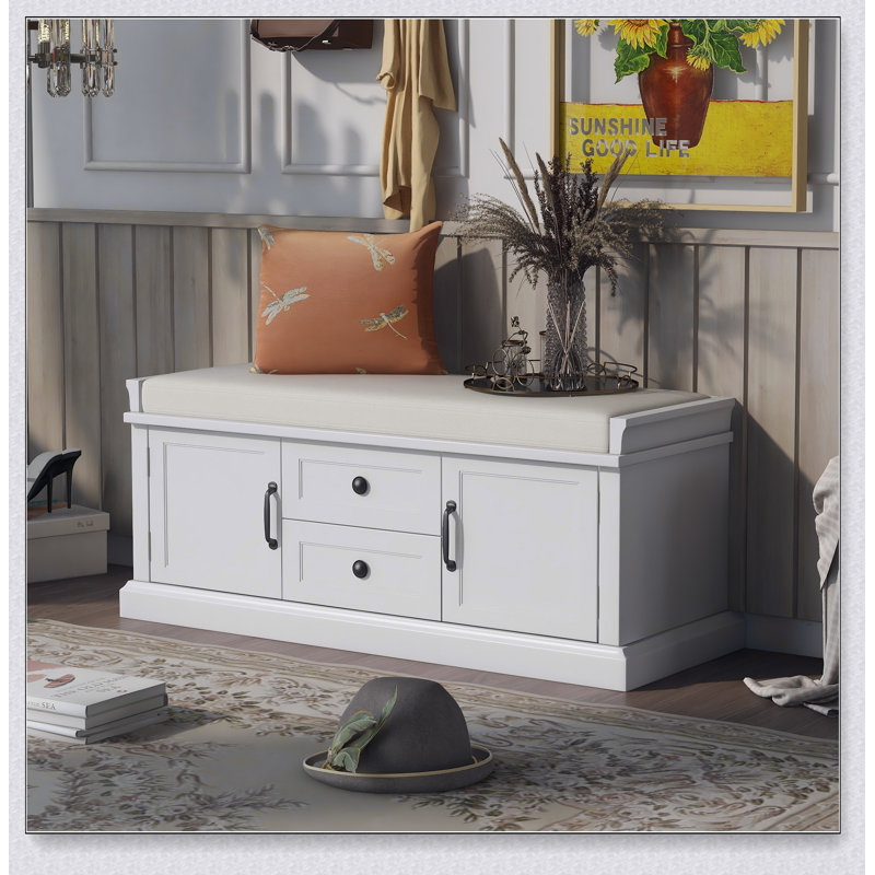Durable Storage Bench with 2 Drawers, 2 Cabinets, and Removable Cushion for Entryway and Living Room