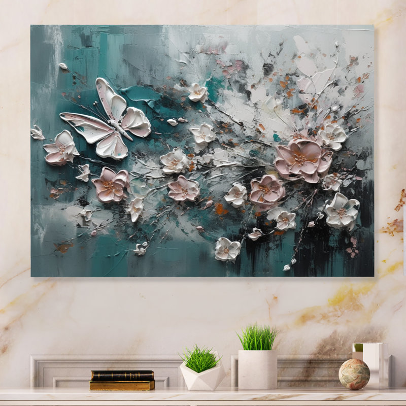 Fleurs avec papillons I, reproduction d'art sur métal, H 12 po x l 20 po x P 1 po