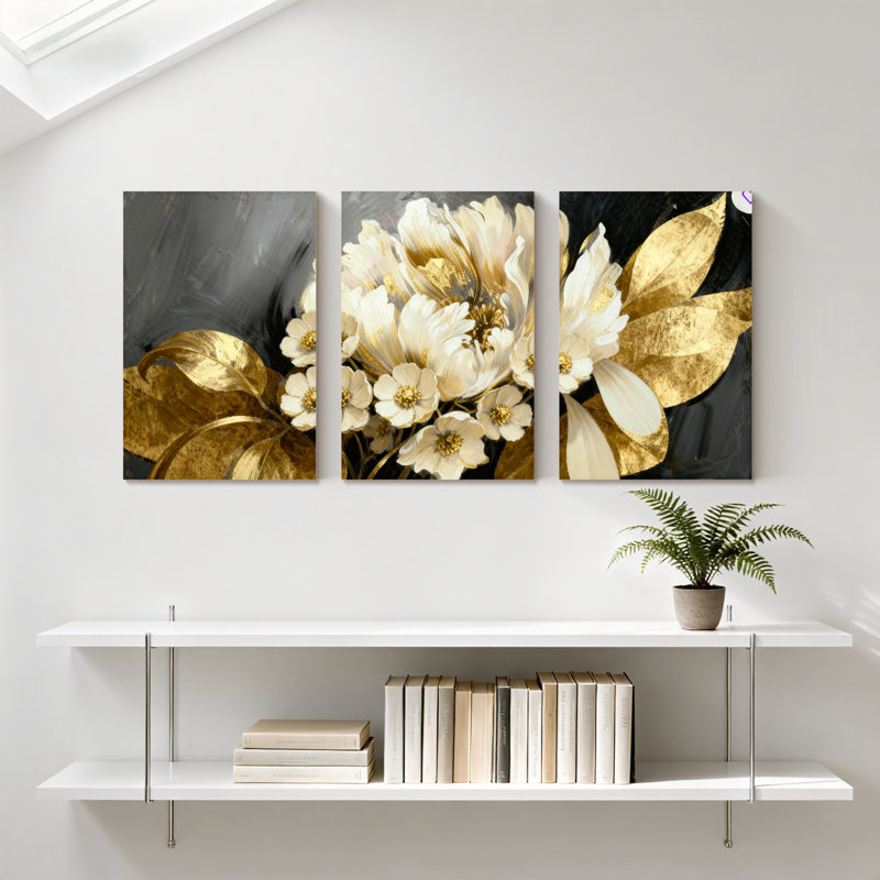 Pivoine, fleurs dorées sur fond noir avec reflet, ensemble de 3 impressions sur toile, H 30 po x l 60 po