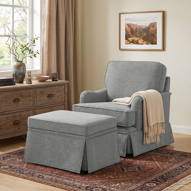 Upholstered Skirted Swivel Accent Arm Chair With Storage Ottoman, Light Gray Chenille