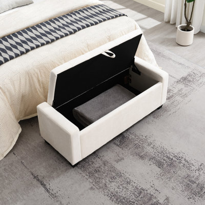 Banc de rangement beige de 48 po, vestibule avec charnière, capitonnage à boutons et coutures en losange, capacité de 350 lb, style moderne pour la chambre à coucher, le salon, le rembourrage en mousse, le rangement rembourré en contreplaqué de pin de 48 po, beige
