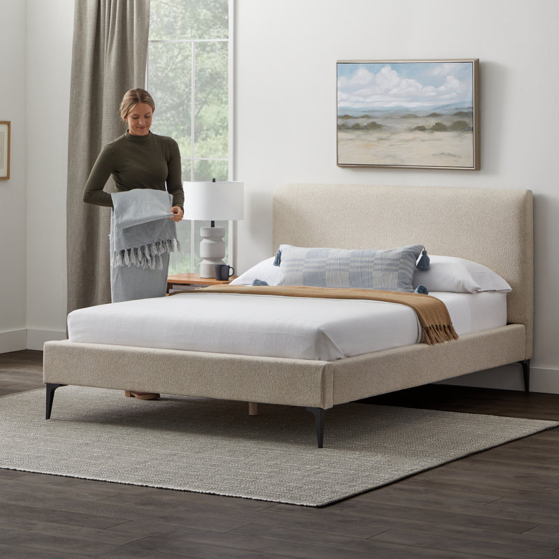 Beige King Upholstered Platform Bed with Wood Frame
