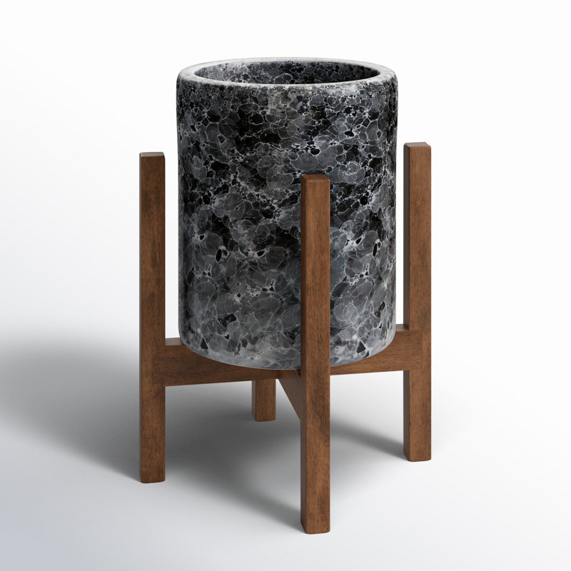 Amadea Wood Pot Planter, Black Marble/Walnut, 5.7" H x 5.5" W x 5.5" D