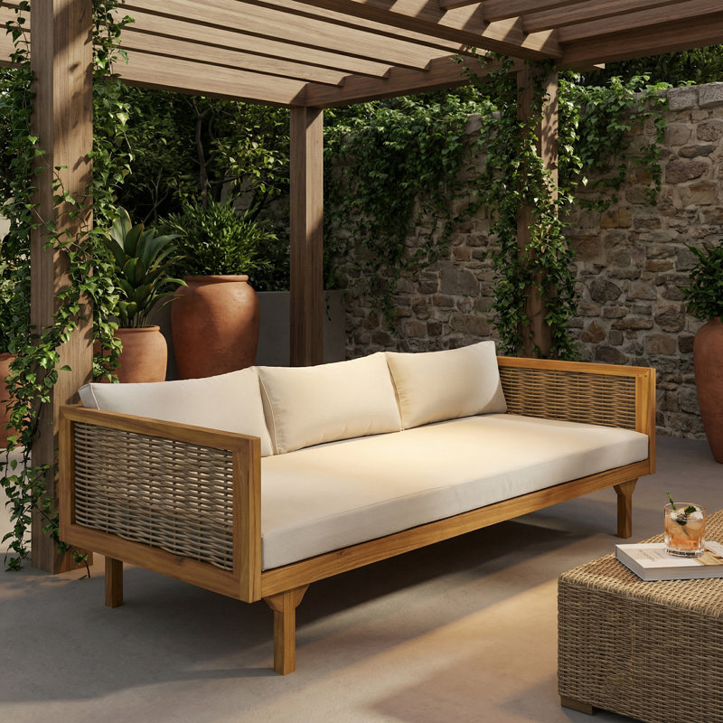 67.5'' Wide Acacia Wood Straight Patio Sofa,Seater Daybed, With Cushions, Beige