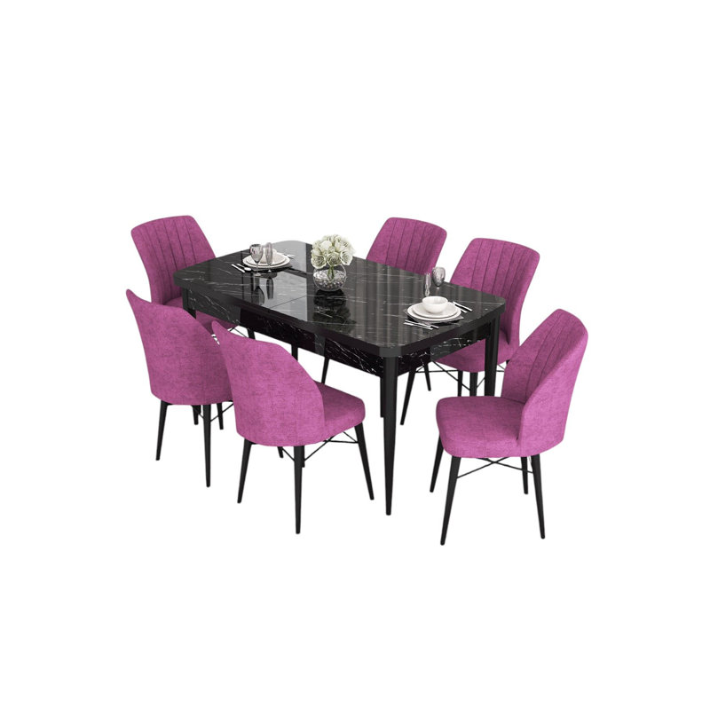 Ensemble de table et chaises de salle à manger moderne extensible (7 pièces), marbre noir et mauve, 51,9 x 30,7 x 31,5 pouces | 100% panneau de fibres à densité moyenne avec pieds en bois et structure en métal | Sièges confortables avec mousse haute densité | Parfait pour les salles à manger élégantes