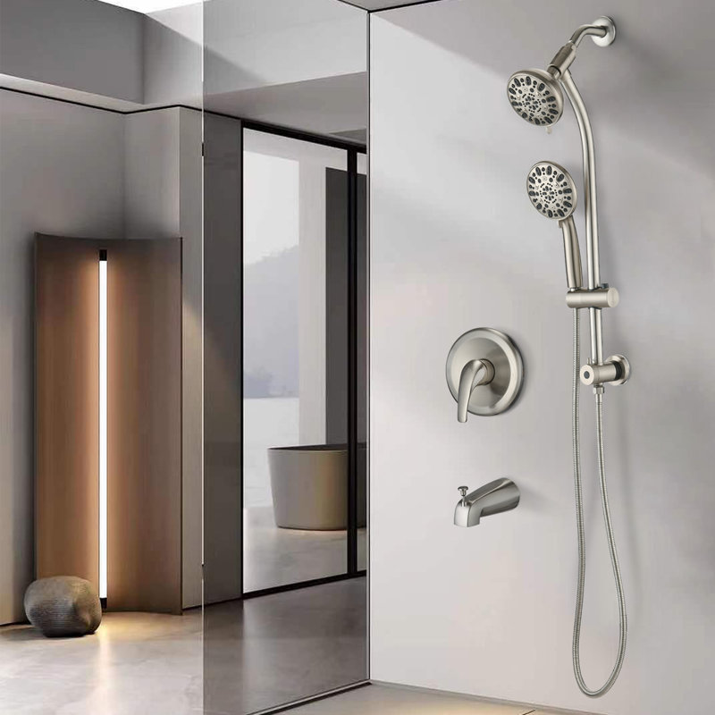 7-Setting Drill-Free Stainless Steel Slide Bar Combo - Luxury Dual Shower with Tub Spout (Rough-in Valve), Brushed Nickel