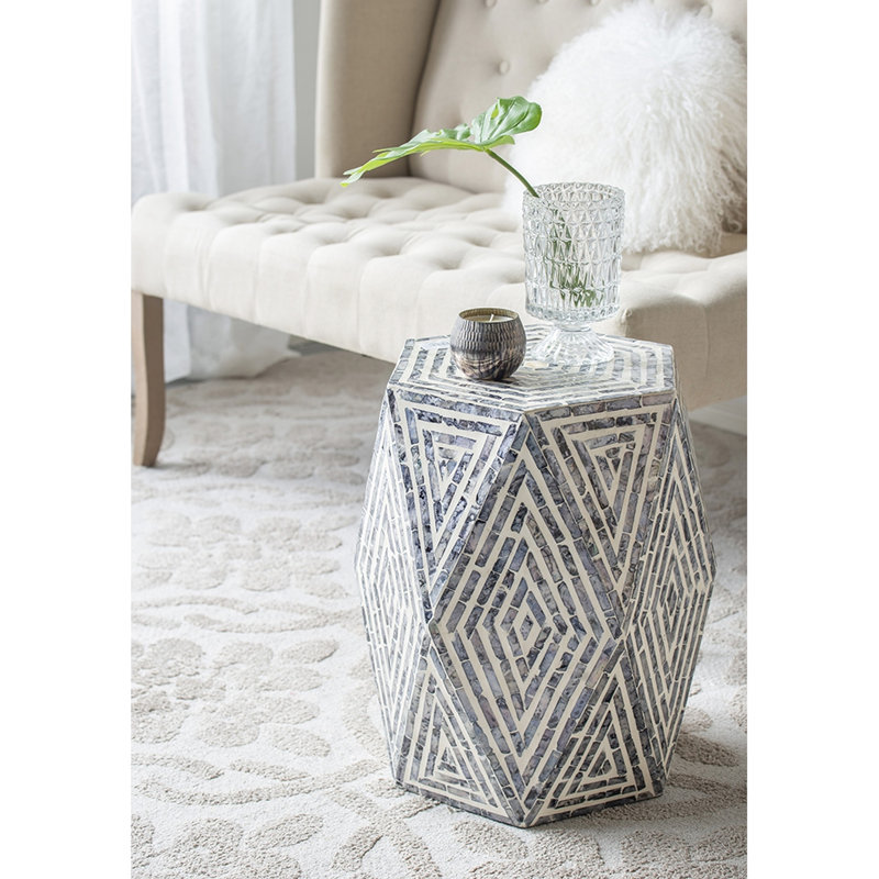 Tabouret hexagonal 16 x 14 x 18 po, ornement incrusté, noir et blanc, bureau café Art White, incrustation 16 x 14 x 18 po, bord de mer