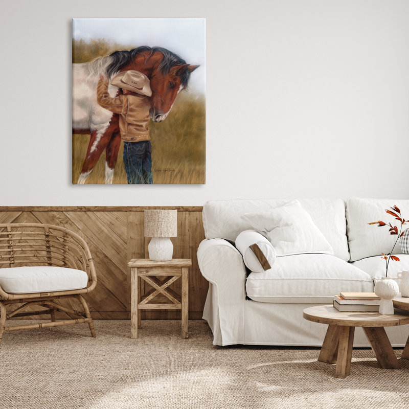 Garçon étreignant un cheval, peinture sur toile, H 48 po x l 36 po x P 1,5 po