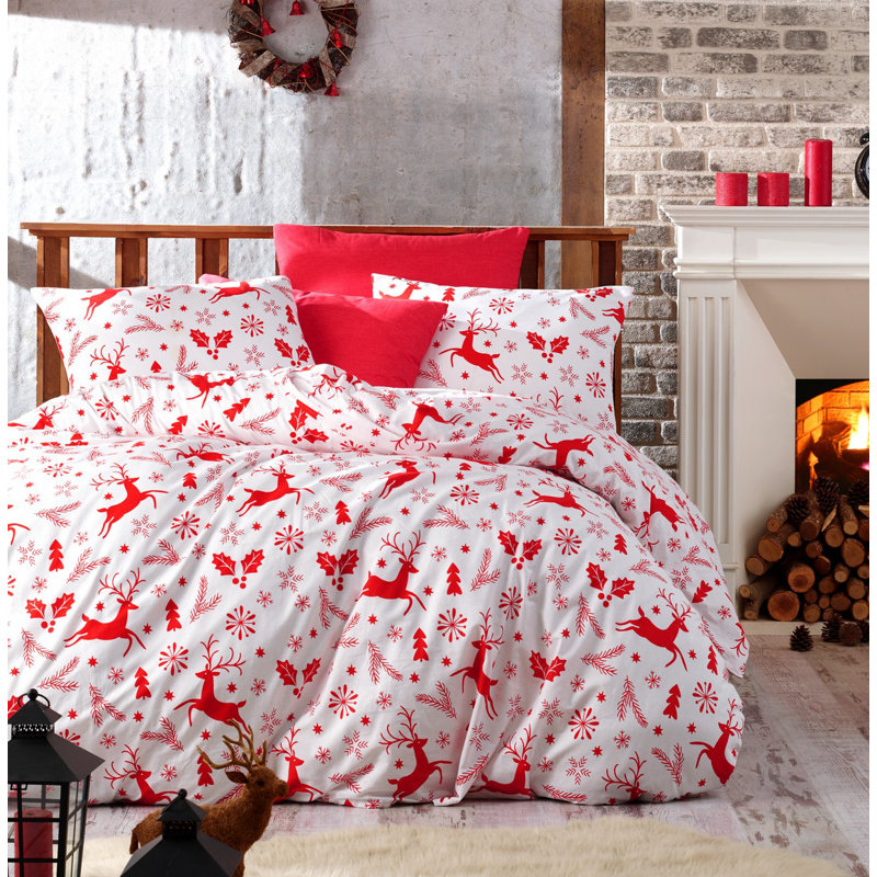 Ensemble de housse de couette 100% coton rouge / blanc Tolbert, Housse de couette double TG + 3 pièces supplémen