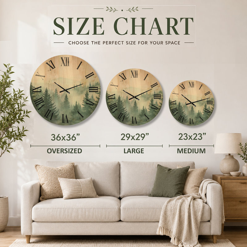 Très grande horloge murale en bois naturel - forêt mystique, Oversized