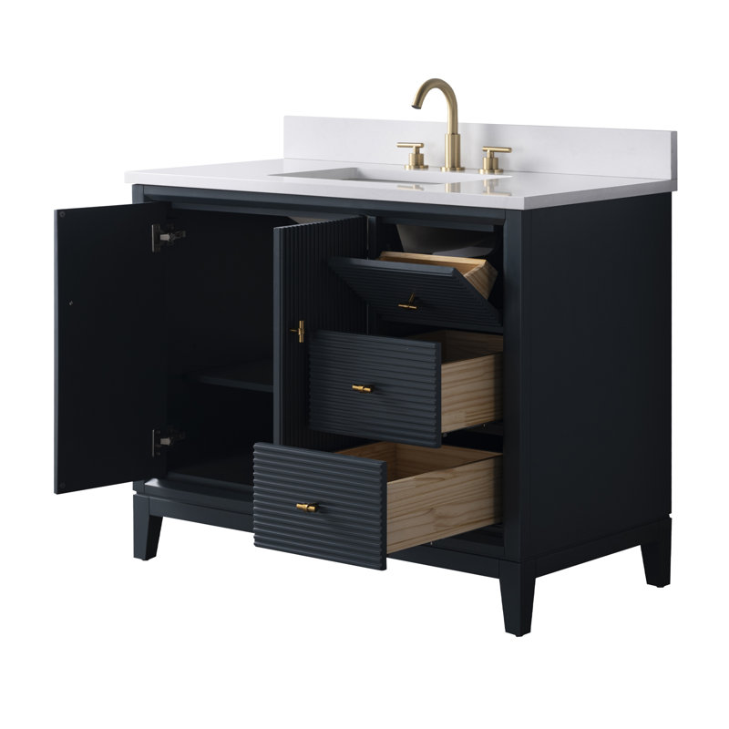 Meuble-lavabo autoportant à simple cuve 42 po avec plateau en marbre Caldwell, Bleu épinette rétro, Doré brossé