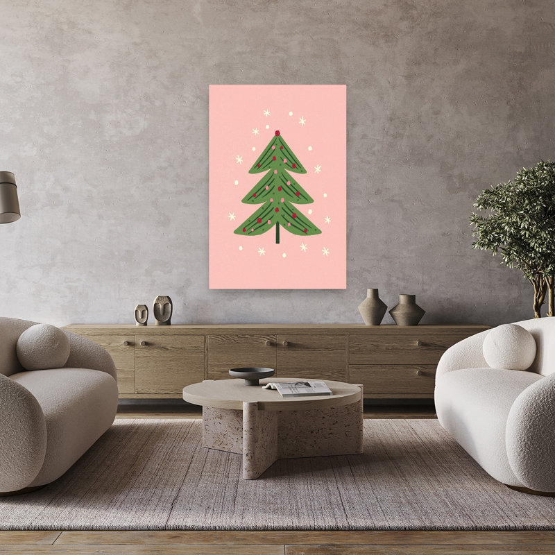 «Whimsical Pink Christmas Tree Modern Abstract Christmas Tree Winter Landscape», reproduction d'art mural, 48" H x 32" W