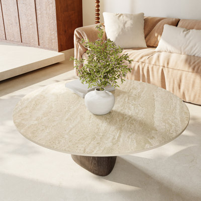 Table basse Mid-Century moderne avec plateau en pierre frittée 31,5 po / 35,4 po / 41,7 po, base en bois massif noyer foncé - pièce maîtresse du salon, surface en faux marbre, résistance aux rayures et à la chaleur, assemblage rapide