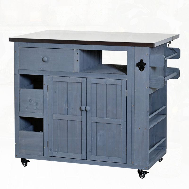 Îlot de cuisine d'extérieur en bois massif avec table de barbecue en acier inoxydable, Gris