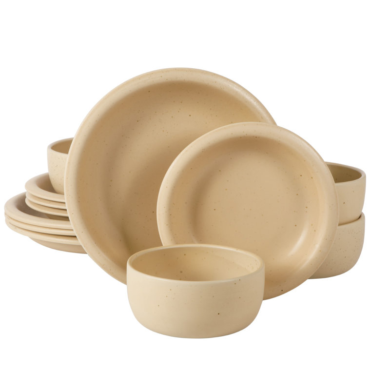Bloomhouse Corcisa Clay 12 Piece Stoneware Reactive Glaze Dinnerware Set - Prosecco Blush Pink, Beige