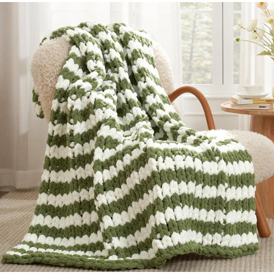 Sage Green/White Stripe Chunky Knit Throw Blanket - Thick, Soft Chenille Yarn -  VEROSAL, EN48921