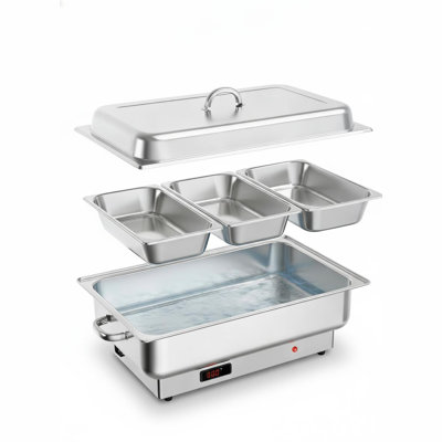 Chafing dish électrique de 9 pintes avec 3 bacs alimentaires de 1/3 po et fond chauffant en aluminium de 600 W, serveur de buffet en acier inoxydable avec contrôle de la température et couvercle à enroulement en polycarbonate pour la restauration et les événements.