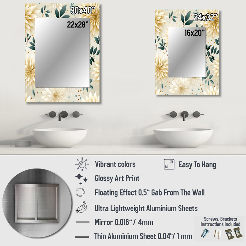 Motif bohème de fleurs d'œillets de Zalais - grand miroir floral, miroir mural décoratif, art imprimé, 40 po x 30 po